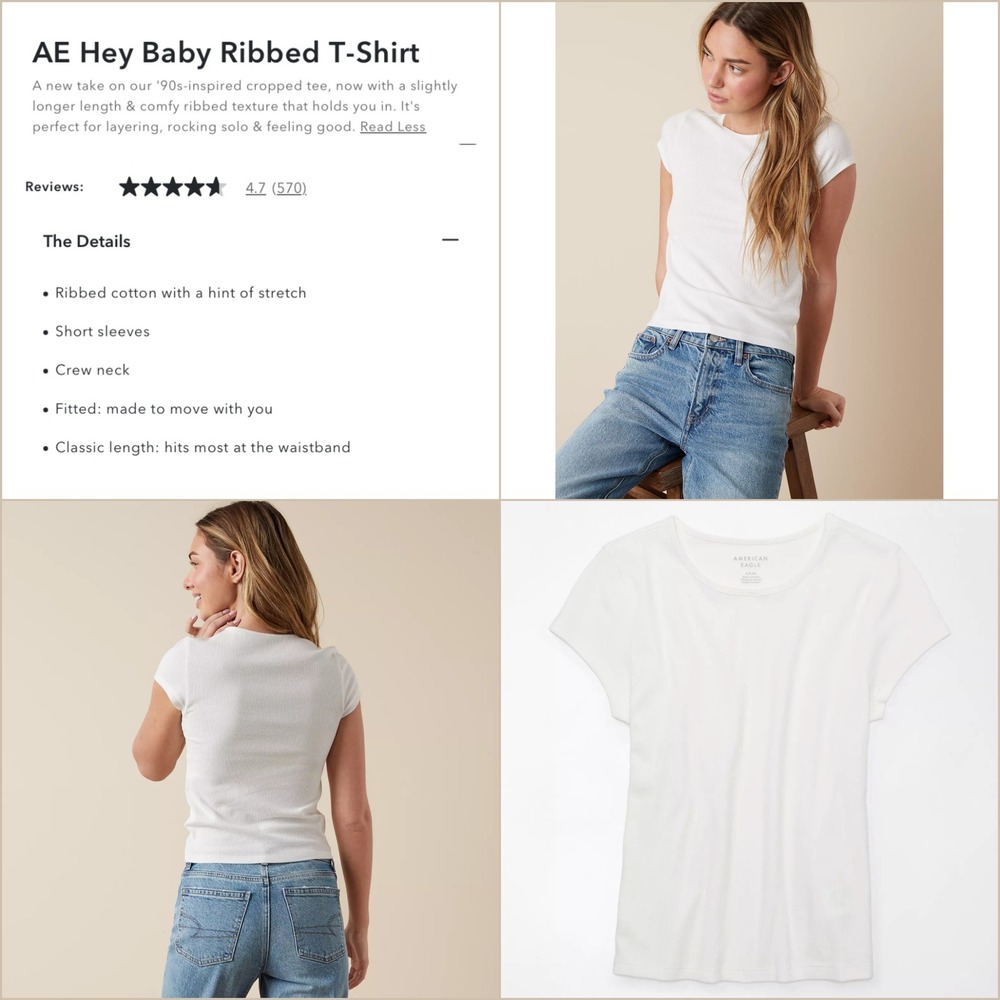 AE American Eagle Ribbed T-Shirt Layering Tee L White Stretch Base Layer 90s Y2K - Picture 2 of 14